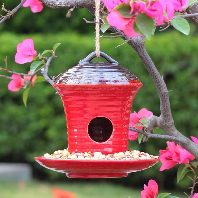 Kimdio Birdhouse Ceramic Hanging Birdhouses Bird Hut Hanging Multi-Function Outdoor Bird Feeders for Wild Birds, Finch, Cardinal, and Bluebird - Red