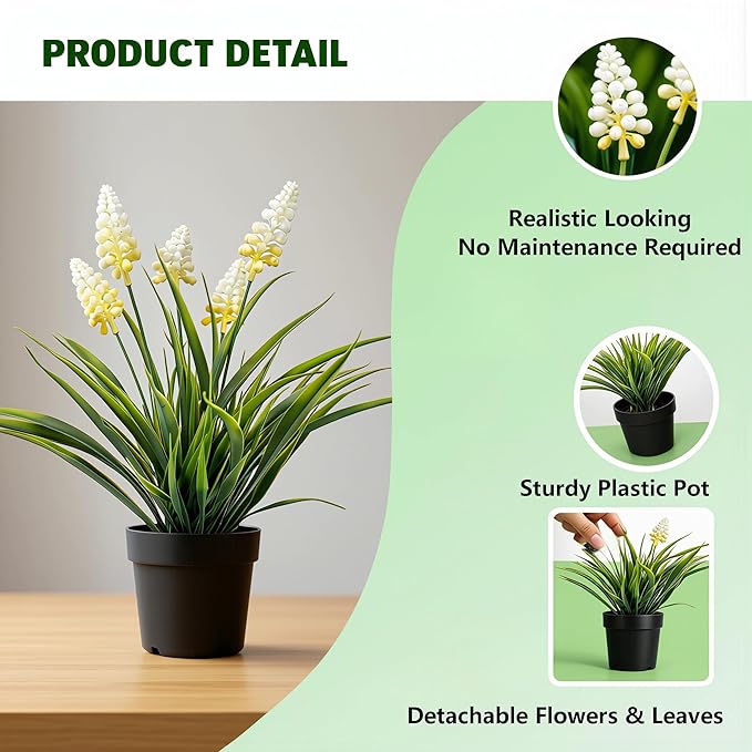 MONOID 2 Pack Artificial Hyacinth Plants - Realistic Fake Muscari Flowers in Black Pots, Small Desktop Decor Set for Home Office Bathroom, No Water Needed, White