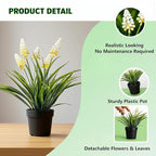 MONOID 2 Pack Artificial Hyacinth Plants - Realistic Fake Muscari Flowers in Black Pots, Small Desktop Decor Set for Home Office Bathroom, No Water Needed, White