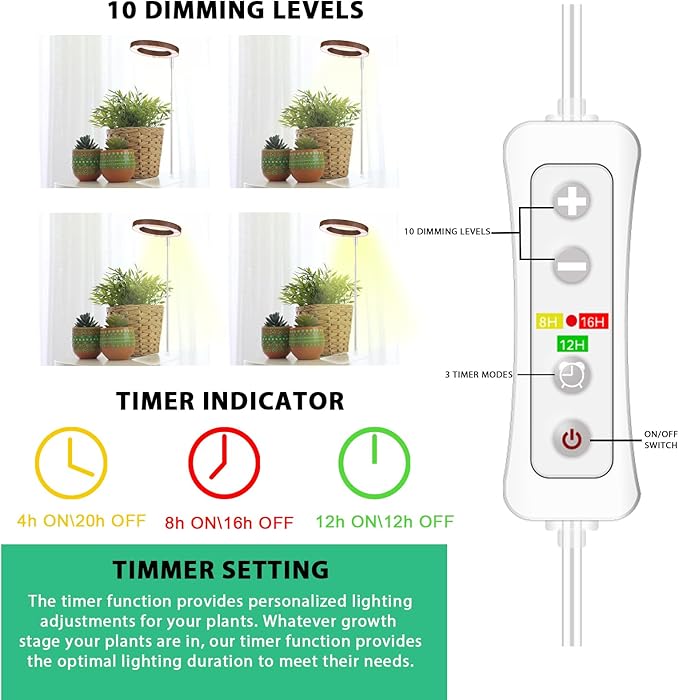yadoker Plant Grow Light, LED Growing Light with Base Full Spectrum for Indoor Plants,Height Adjustable, Automatic Timer, 5V Low Safe Voltage,Idea for Small Plants
