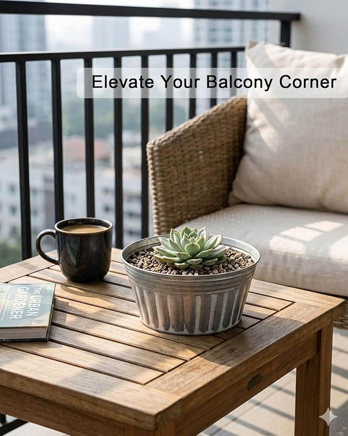 vensovo 6 Inches Silver Metal Rustic Plant Pots - 6Pcs Shallow Galvanized Planters with Drain Hole and Rubber Plug, Rustproof Tin Bucket Succulent Pot Indoor Farmhouse Vintage Style for Decor