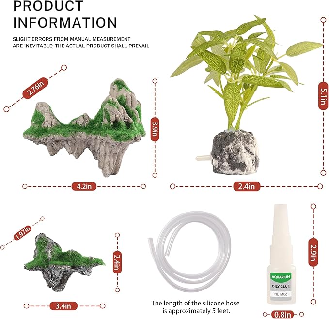 Aquarium Mountain View Stone Ornament, Resin-Coated Rockery with Flocked Cover Like Grass, Air Stone & Artificial Plastic Plants Suitable for Small Fish and Shrimp Play Decorations