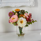 Nearly Natural Mini Artificial Peony Floral Arrangement, Faux Flowers for Table Shelf Decor, Assorted Colors