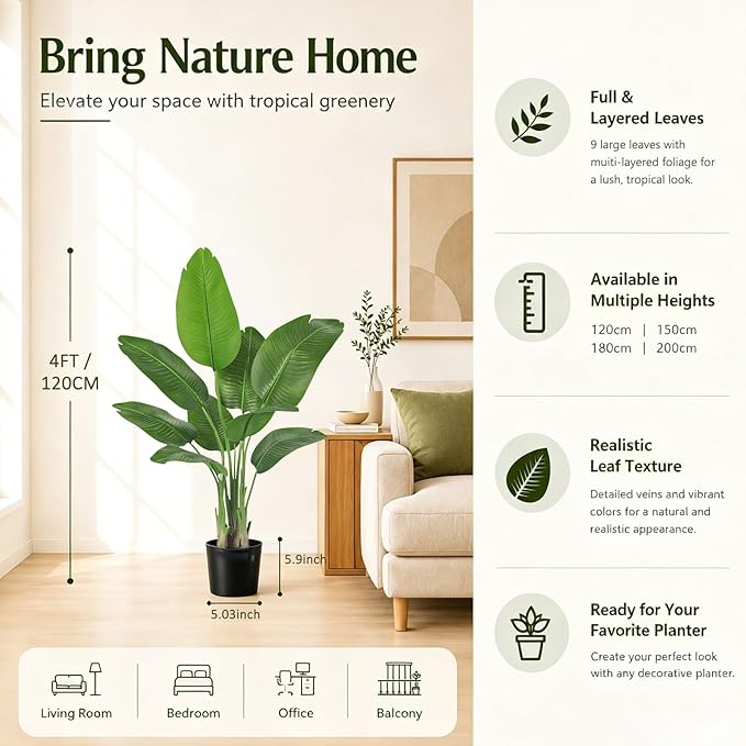 Birds of Paradise Plant Artificial, 4FT Fake Plants Faux Banana Leaf Tree with 9 Banana Leaves, Lifelike Tall Fake Tropical Palm Indoor Silk Floor Plant in Black Pot for House,Office,Room,Home Decor