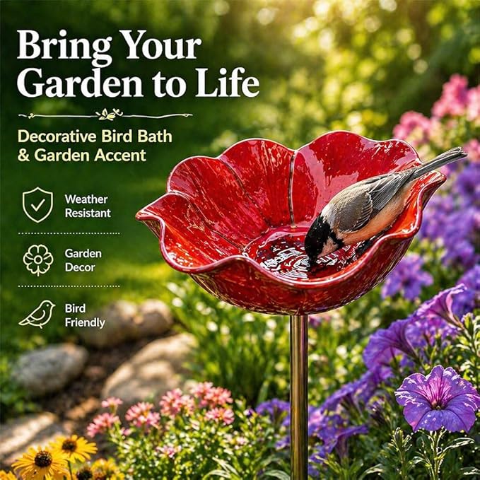 Handmade Metal Flower Garden Stake Metal, Decorative Bird Bath and Bee Watering Station with Flower Design for Outdoor Yard Garden Decor (Orange)