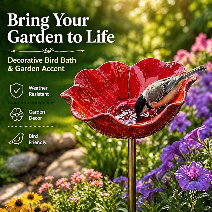 Handmade Metal Flower Garden Stake Metal, Decorative Bird Bath and Bee Watering Station with Flower Design for Outdoor Yard Garden Decor (Red)