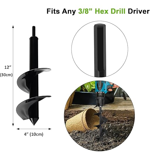 4 x 12 Inch Auger Drill Bit for Planting, Garden Spiral Drill Bit Rapid Bulb Planter Drill Auger for Planting Bulb Flower, Bedding Plant, Post or Umbrella Hole Digger for 3/8" Hex Drive