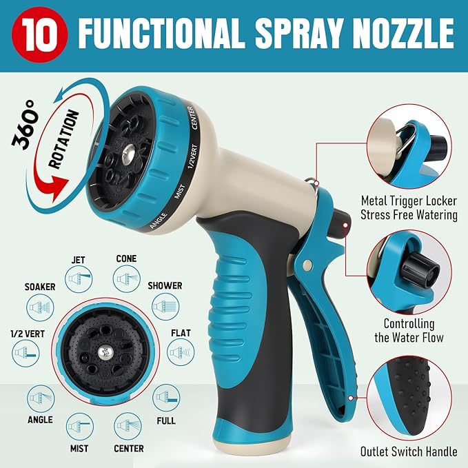 Heavy Duty Garden Hose 25 ft, NON-EXPANDABLE Water Hose with 10 Function Spray Nozzle, Lightweight Kink-less Hybrid Hose with Swivel Handle, Male to Female Fittings