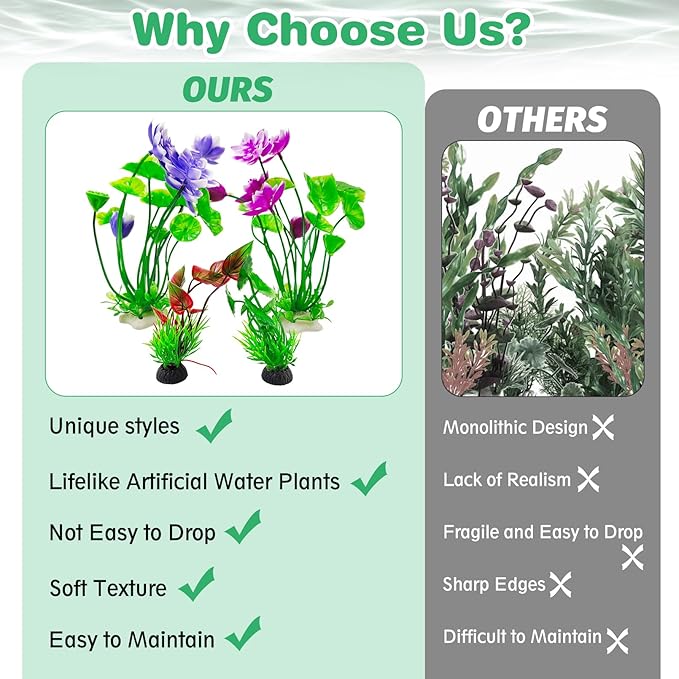 Hamiledyi 2 Pcs Artificial Lotus Flowers with Small Artificial Seaweed Plants Fish Tank Plastic Plants Decorations Purple and White-Purple Blossoms Artificial Water Plants Perfect for Aquarium Decor
