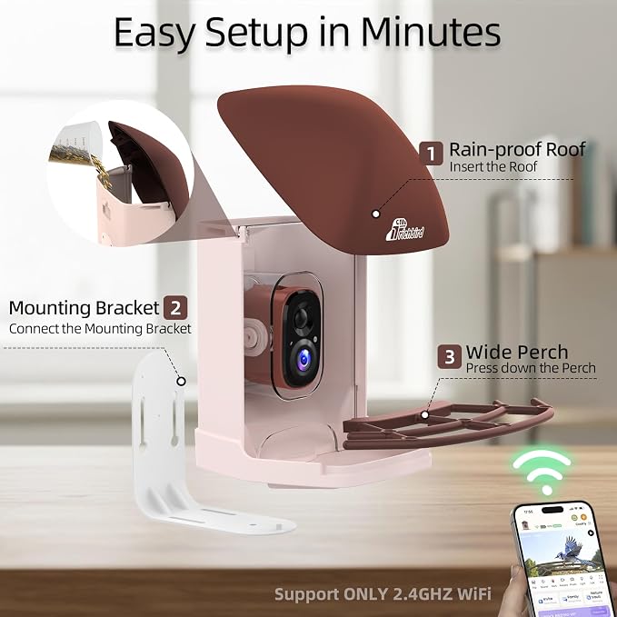 Smart Bird Feeder with Camera Solar Powered, 2.5K HD Birdwatching Camera with Free AI Bird Identification, Instant Notifications & Auto Video Capture, for Dad Granpa Birdlovers, Brown