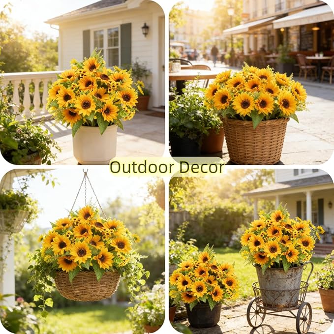 AmyHomie Artificial Sunflowers for Outdoors - 2 Bunches Fake Sunflower Bouquets with 14 Large Blooms, UV Resistant Silk Flowers for Home Wedding Fall Decor, Garden Party Centerpieces, 17.7 Inches