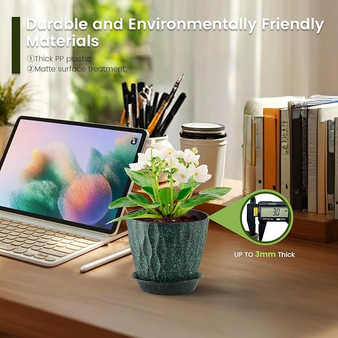 Meowell 5 inch Plant Pots for Indoor Outdoor Plants, 6 Pack Thick Nursery Pots with Drainage Holes and Saucers, 3D Modern Wave Texture Small Plastic Planter Flower Pots, Black with Green Speckles