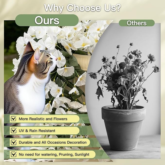 Artificial Flowers for Outdoors Fake White Morning Glory Hanging Flower Decoration, 2Pcs Realistic Faux Plants Petunias Long Trailing Vines,Spring Decor for Porch Patio Balcony Planter Yard