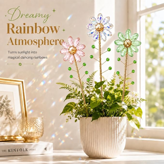 Crystal Flower Suncatchers for Outdoor Garden Potted Plants Decorations, Window Sun Catchers Crystals Rainbow Maker Light Catcher Indoor Outdoor Garden Decor