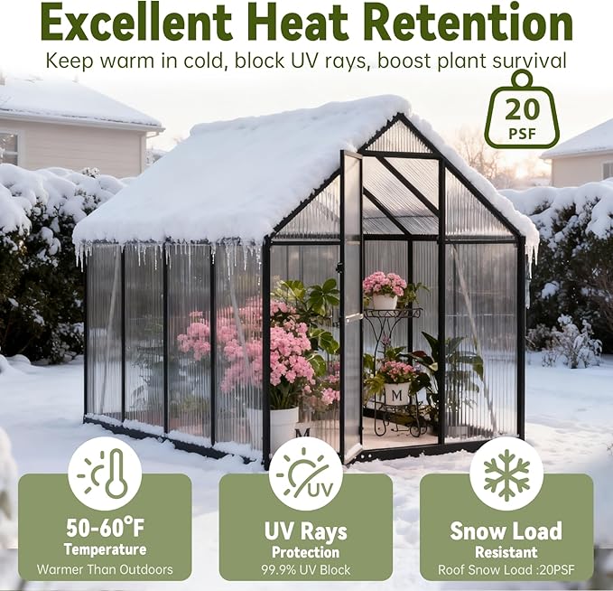 6X8 FT Polycarbonate Greenhouse with Electronic Hygrometer, Walk in Green House for Outside Heavy Duty Greenhouses with Aluminum Frame for Garden Patio Backyard Flower Planting