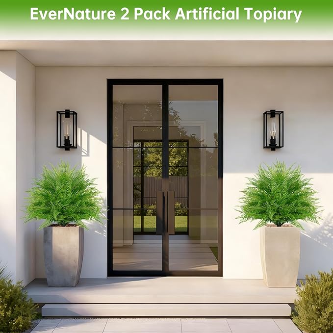 Artificial Ball Topiary Trees Set of 2, Fake Bushes with Ground Spike, Faux Evergreen for Porch Plants, UV Resistant Artificial Shrub for Outdoors Indoor Front Porch Garden