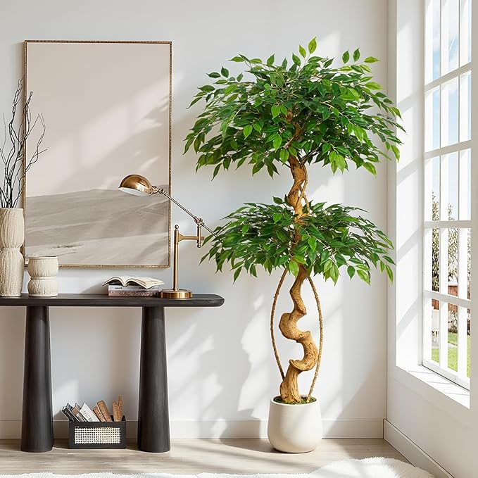 5ft Large Ficus Artificial Trees in White Pot, 60" Tall Fake Silk Tree with Natural Curved Trunk, Lush Faux Ficus Tree for Indoor Home Decor, Living Room, Office & Patio