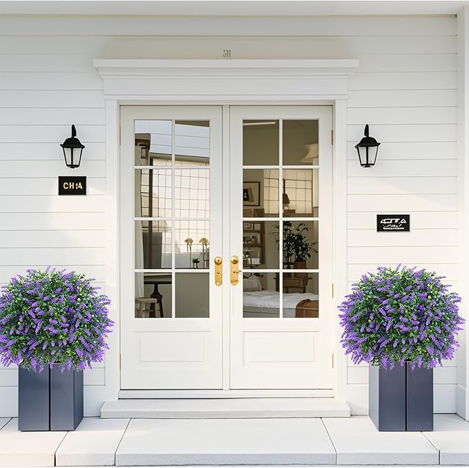 Artificial Lavender Topiary Ball Trees, 2 Set of UV Resistant Fake Evergreen Shrubs Bushes Plants with Ground Spike, Fake Plants for Outdoor Indoor Front Porch Garden