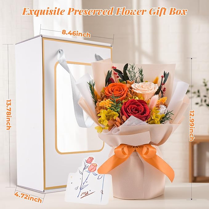 Gnifot Preserved Flowers Bouquet, Flowers for Delivery,Handmade Orange Rose Bouquets Lasting 3-5 Years, Luxury Gift Box,Birthday Flowers Gifts for Women Mom Grandma Wife Friends