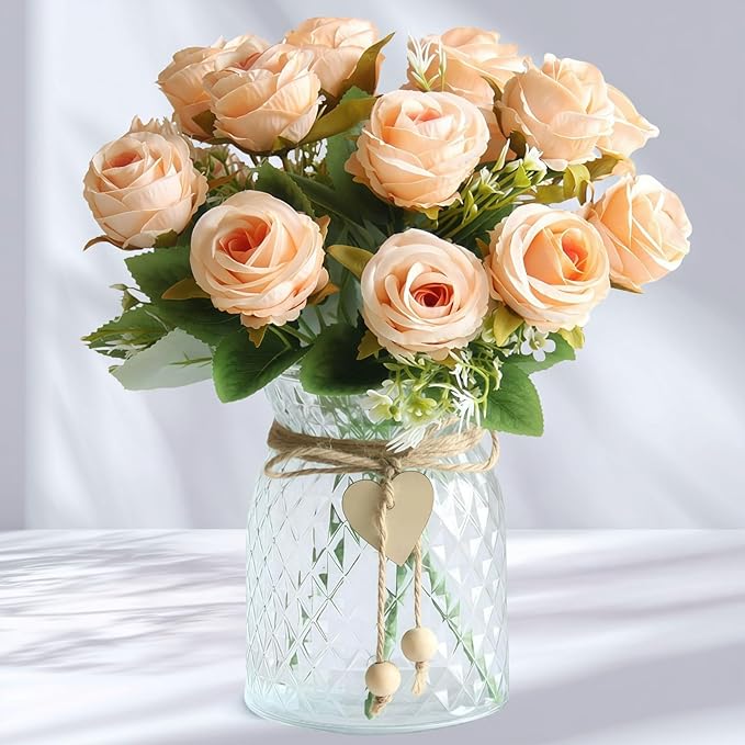Faux Flowers in Vase, 18Pcs Fake Rose Flowers with Vase, Artificial Flowers Home Decor, Indoor Centerpiece for Living Room & Dining Table, Champagne