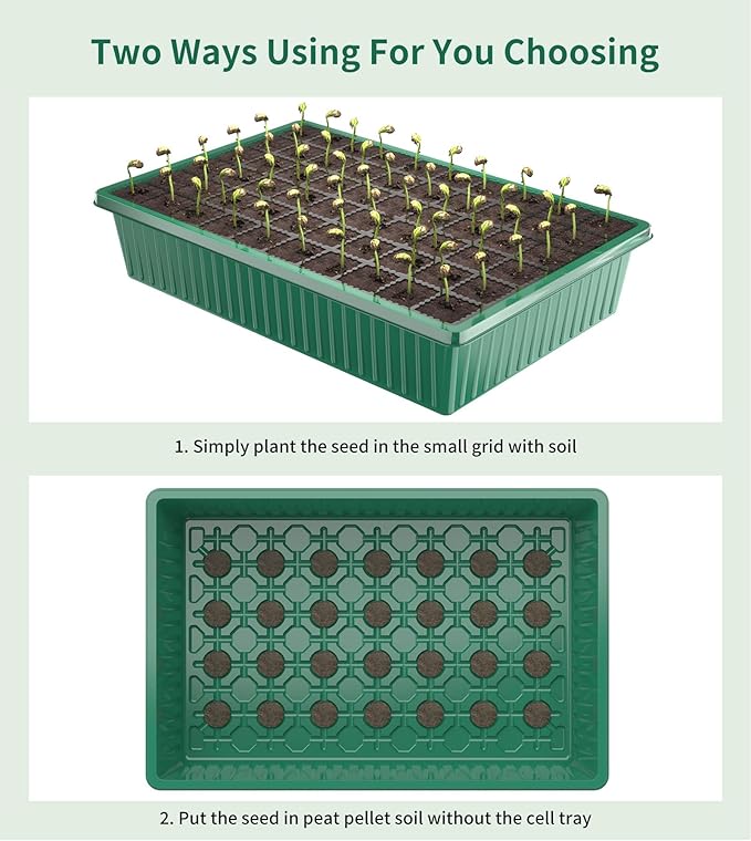 Seed Starter Tray, 120-Cells Seed Starter Kit with Grow Light, 2 Pack Reusable Seeding Starter Trays with Air Vent Humidity Domes for Greenhouse Gardening Indoor Planting Growing (Green Base)