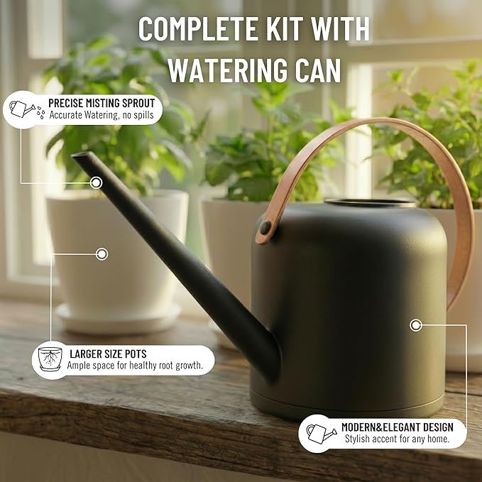 Indoor Garden Kit - Plant Pots with Drainage, Watering Can & Tools - Ideal Windowsill Planter Set - Modern Home & Kitchen Decor Gift - White