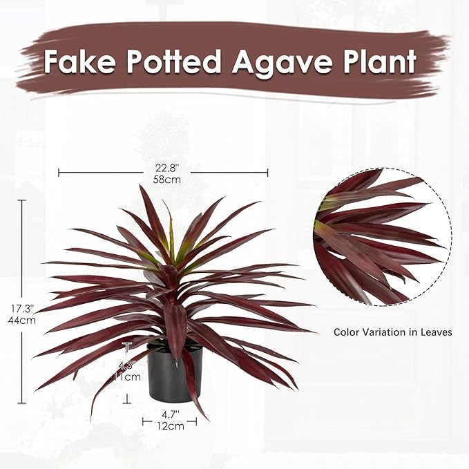 Briful Large Fake Agave Plant 17.3 Inch Red Artificial Yucca Potted Plants Outdoor Faux Agave Plants for Home Room Office Garden Front Porch Patio Decoration