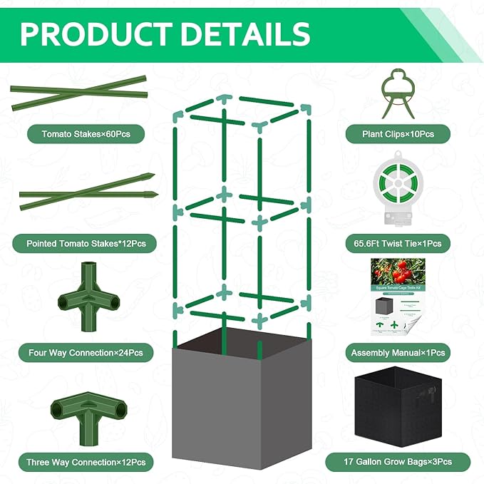WLLEYAY 3 Pack Square Tomato Cages with 17 Gallon Grow Bags, 46'' Upgraded Heavy Duty Steel Garden Plant Support Stakes Kit, Flowers Vegetable Trellis for Vertical Climbing Plants Vines
