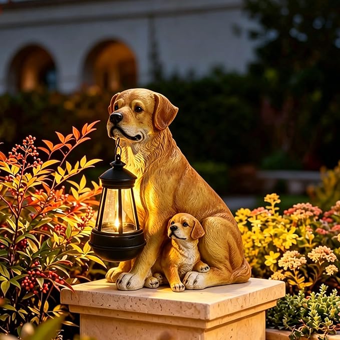 Garden Dog Statues Outdoor Decor, Solar Lights Outdoor Labrador Figurine Solar Dog Ornaments for Patio, Lawn, Yard Art Decoration, Housewarming Garden Gifts for Mom
