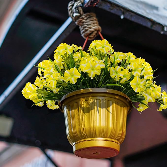 LikSoor Outdoors Artificial Flowers Spring Summer Decor Fake Petunias UV Resistant Flower Faux 12 Bundles Realistic Plastic Plant Porch Patio Window Box Garden Decoration (Yellow)