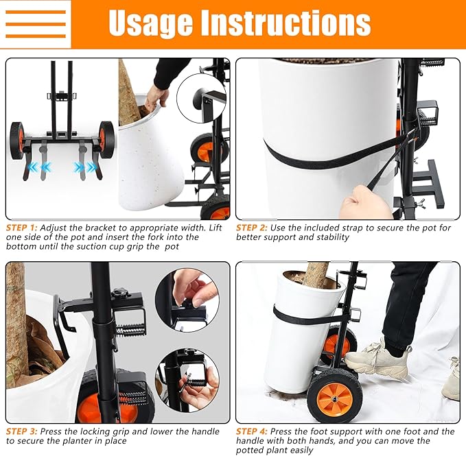 KJX Adjustable Plant Caddy with Wheels, Heavy Duty Plant Dolly Cart with Grab Arm and Strap Dual Protection, Garden Potted Plant Mover Dolly for Planter Flower Pots Indoor Outdoor