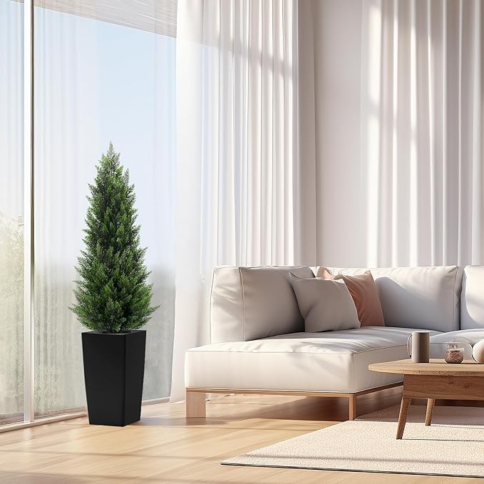 5FT Tall Artificial Cedar Topiary Tree with Compact Pyramidal Shape, Realistic Faux Cypress in Square Black Pot with Fillable Water Bag, Outdoor Evergreen for Front Porch Garden Home Decor