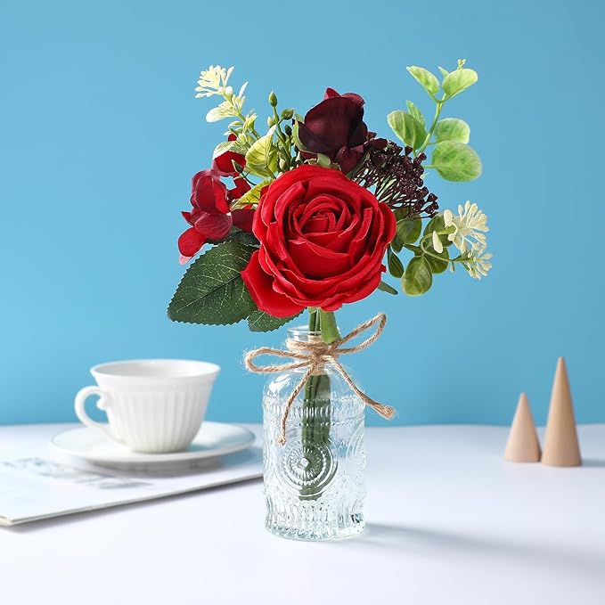 AFRITEE Artificial Flowers with Vase - Small Red Fake Plants Faux Silk Flower Arrangement in Vase for Home Decor for Indoor Dining Living Room Coffee Wedding Table Centerpieces
