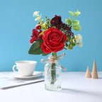AFRITEE Artificial Flowers with Vase - Small Red Fake Plants Faux Silk Flower Arrangement in Vase for Home Decor for Indoor Dining Living Room Coffee Wedding Table Centerpieces
