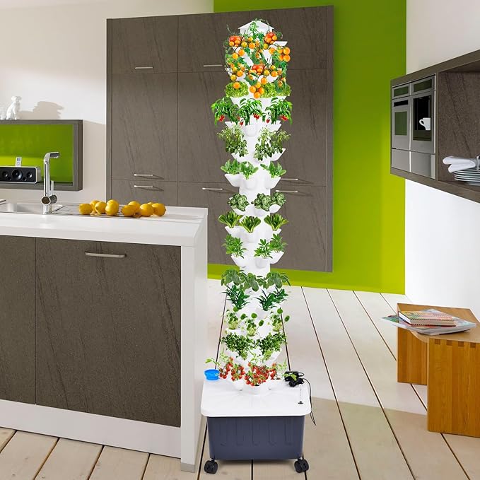 14-Layer 70 Slots Hydroponic Grow Tower Kit, Vertical Indoor Outdoor Growing System with Movable Water Tank, Hydrating Pump, Timer and Adapter for Vegetables, Strawberries, Lettuce