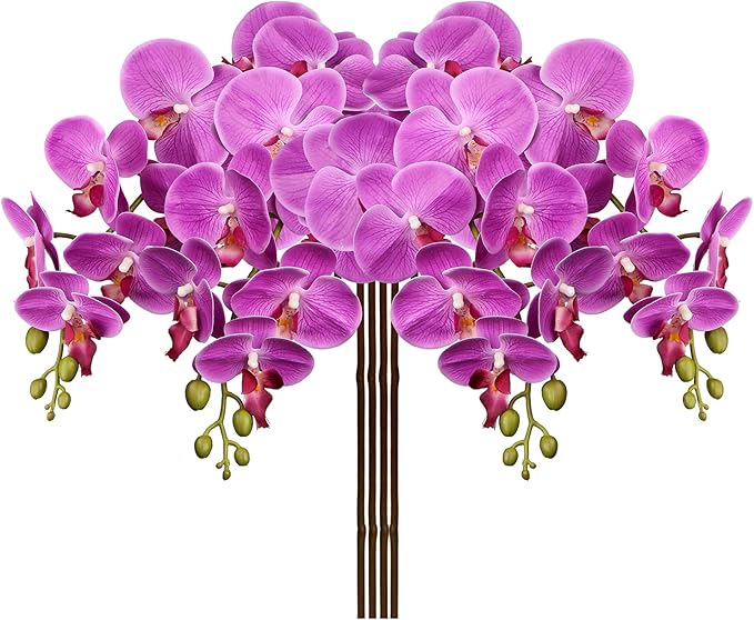 4 Pcs Artificial Orchid Flowers 9 Large Heads of Real Touch Vivid Phalaenopsis Orchid Flower Stem 36'' Tall, Artificial Flowers Branches for Home Decor, Office House Decoration-Purple Phalaenopsis