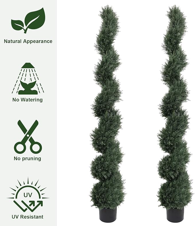 THE BLOOM TIMES 6ft Spiral Artificial Topiary Trees Set of 2, 71 inch Faux Cedar Trees for Outdoor Planters - Fake Twist Cypress Plants for Garden Front Porch Indoor Outside Decor 6 Foot