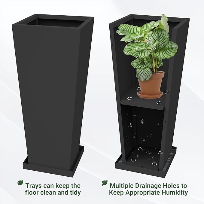 Metal Tall Planters 30inch Set of 2,Durable Taper Planter with Drainage Insert Shelve & Trays, Metal Outdoor Planter Box for Porch, Garden, Patio, Yard (Black)