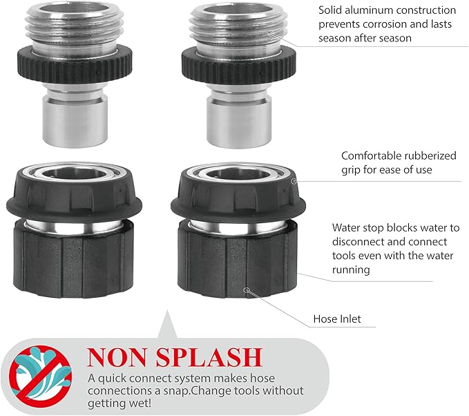 Eden 94269 Heavy Duty Metal Garden Hose Quick Connect with Water Stop Set, 4 pc