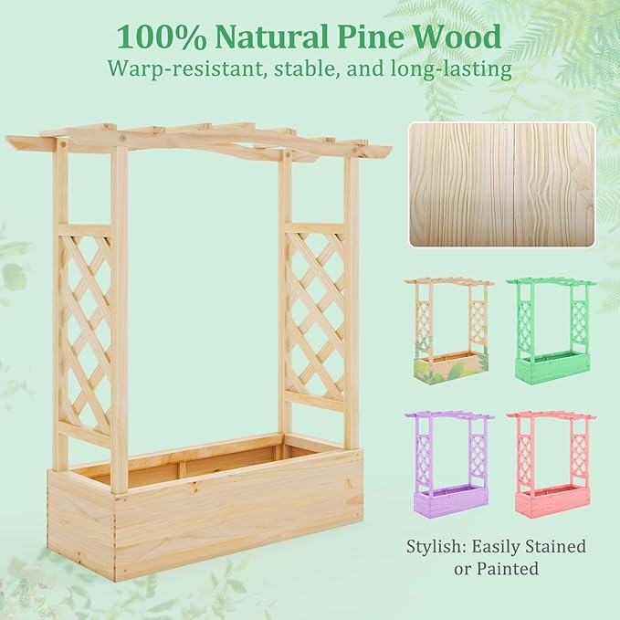 HAPPYGRILL Raised Garden Bed with Trellis, Wood Planter Box w/Hanging Roof, Drainage System, Elevated Garden Box for Climbing Vine, Outdoor Planter w/Trellis for Patio Balcony, 44" x 14" x 45"