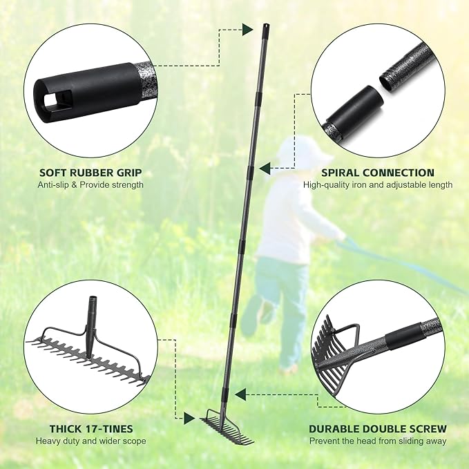 77'' Bow Rake Heavy Duty Garden Rake with Stainless Steel Handle,Tines Metal Head Rake Tool for Loosening Soil Gathering Leaf Leveling Lawn Farming Land Management Yarn Thatch Rake