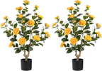Artificial Camellia Tree 2 Pack - Realistic Camellia Plants in Pot with Orange Flowers, Lifelike Faux Greenery for Living Room, Patio, or Wedding, Orange