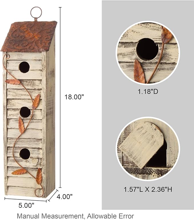 Glitzhome 18" H Wooden Bird House, Hanging Birdhouses for Outdoors, Washed White Distressed Three-Story Cottage Garden Bird House for Chickadee Cedar Wren Sparrow Finch Cardinal