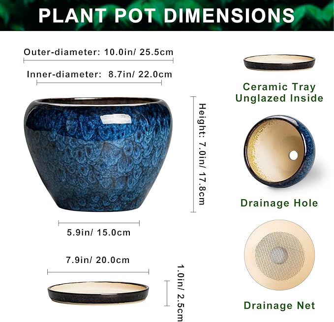 10 Inch Plant Pot - Ceramic Planter with Drainage Hole and Plant Saucer, Round Planter Indoor Outdoor, Modern Planters, Large Flower Pot, Home Room Office Decor, Housewarming Gifts, Blue