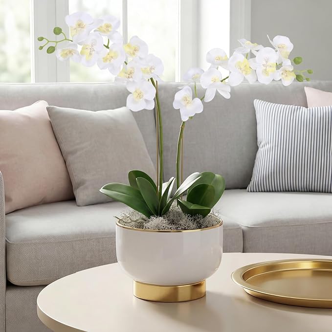 6PCS White Orchids Artificial Flowers 27’’ Silk Faux Orchids Fake Flowers with Stems for Floral Arrangements Home Wedding Dining Table Party Garden Decoration(White)
