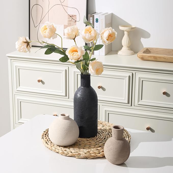 Ceramic Vase Set, Small Rustic Distressed Flower Vase in Pottery Decor, Modern Boho Farmhouse Decor for Pampa Grass, Dried & Fresh Flowers, Decorative Vase for Living Room, Kitchen, Entryway, Black