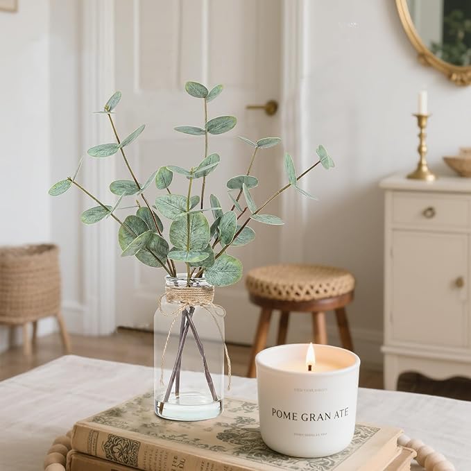 Coferset Artificial Eucalyptus Stems in Glass Vase with Faux Water, 15" Eucalyptus Fake Plants with Double-Sided Green Leaves for Home, Bathroom, Office, Farmhouse, Shelf Coffee Table Decor