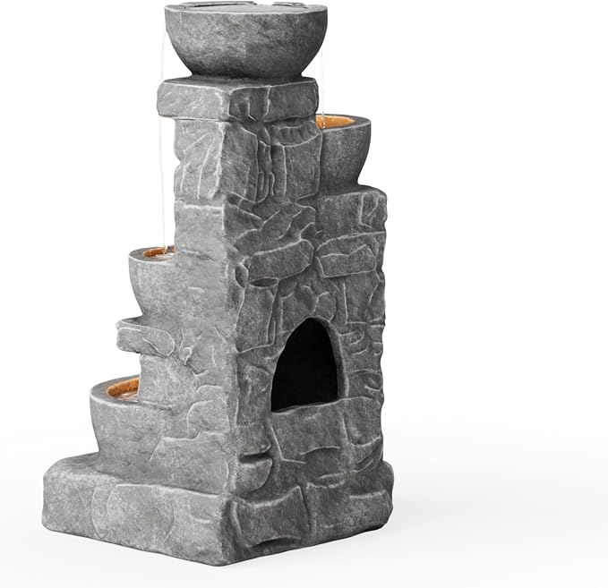 Teamson Home 33" Outdoor Water Fountain with LED Lights, 3-Tier Cascading Bowls, Weather-Resistant Resin Garden Water Feature for Patio, Lawn, and Backyard Decor – Stone Gray