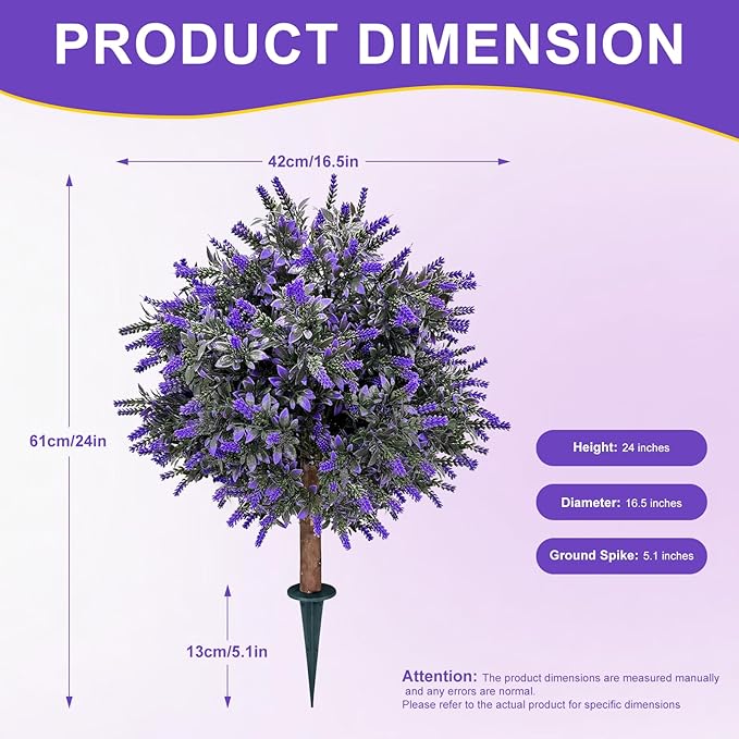 Set of 2 Artificial Lavender Boxwood Topiary Ball Bush for Outdoor with Ground Spike 24.5", UV Resistant Faux Greenery Shrubs, Fake Boxwood Plants for Indoor, Garden, Yard, Porch, Patio Decor
