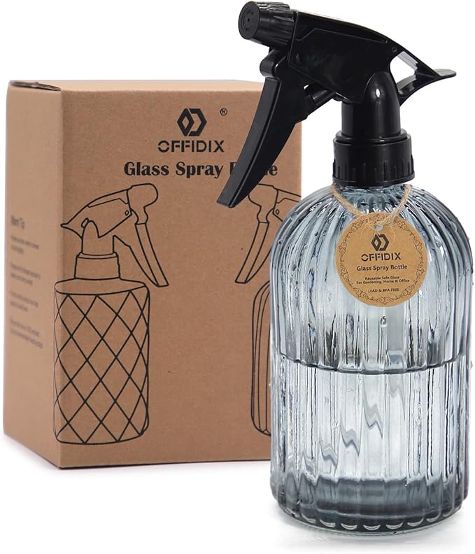 OFFIDIX Glass Spray Bottle, Garden Plants Indoor Plant Mister with Adjustable Nozzle, 0.4L/13.5oz Pressure Watering Can Handheld Spray Bottle for Outdoor Indoor Plants and Cleaning Work (Gray)